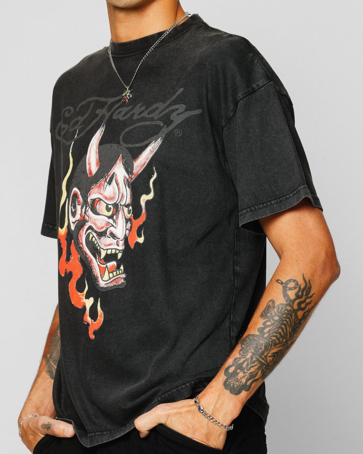 Ed Hardy Horns T-Shirt Black Acidwash