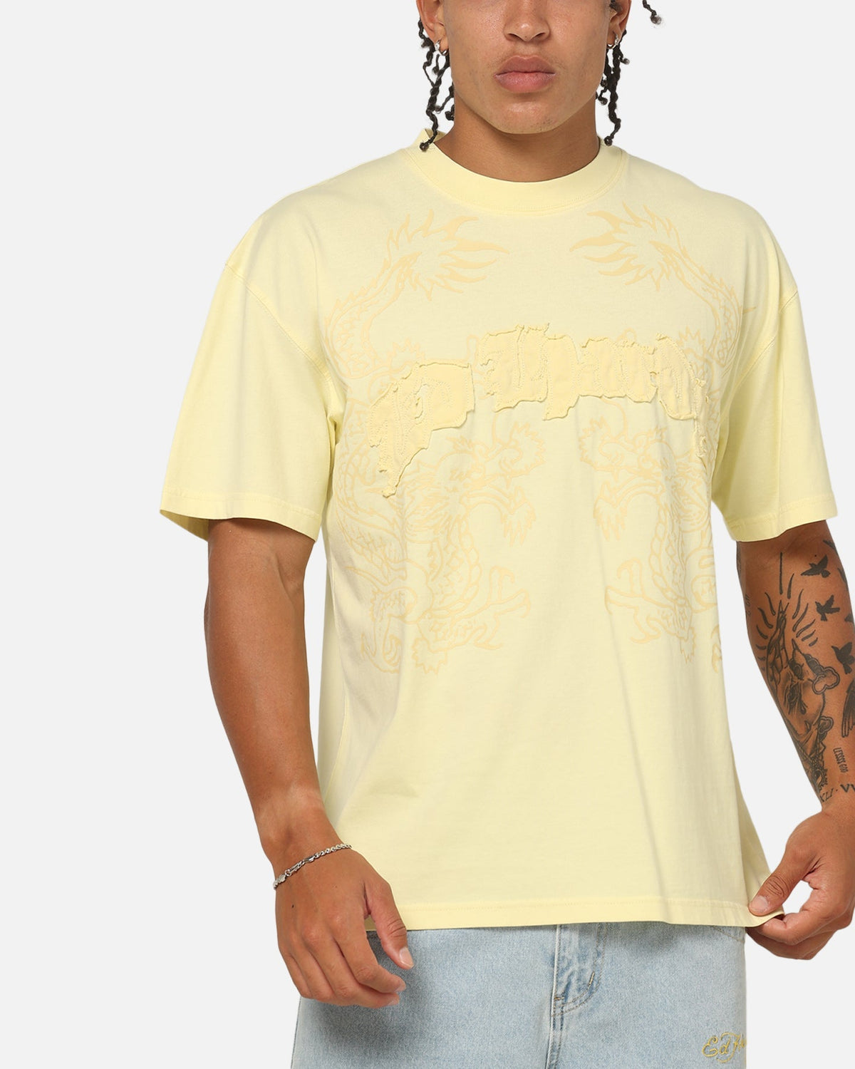 Ed Hardy Double Dragon Applique T-Shirt Butter Yellow