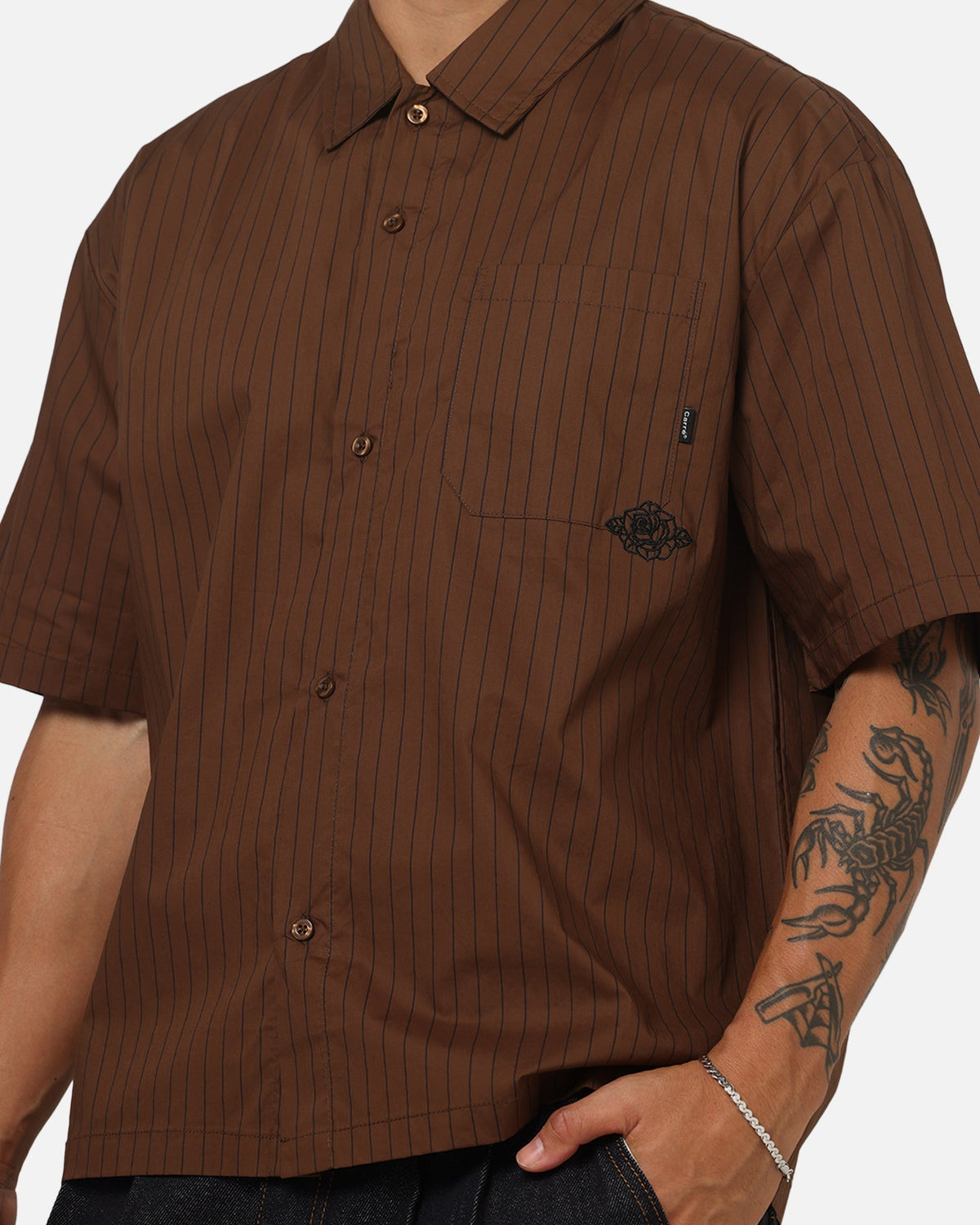 Carre Signature Rose Button Up Shirt Brown Pinstripe - image 6