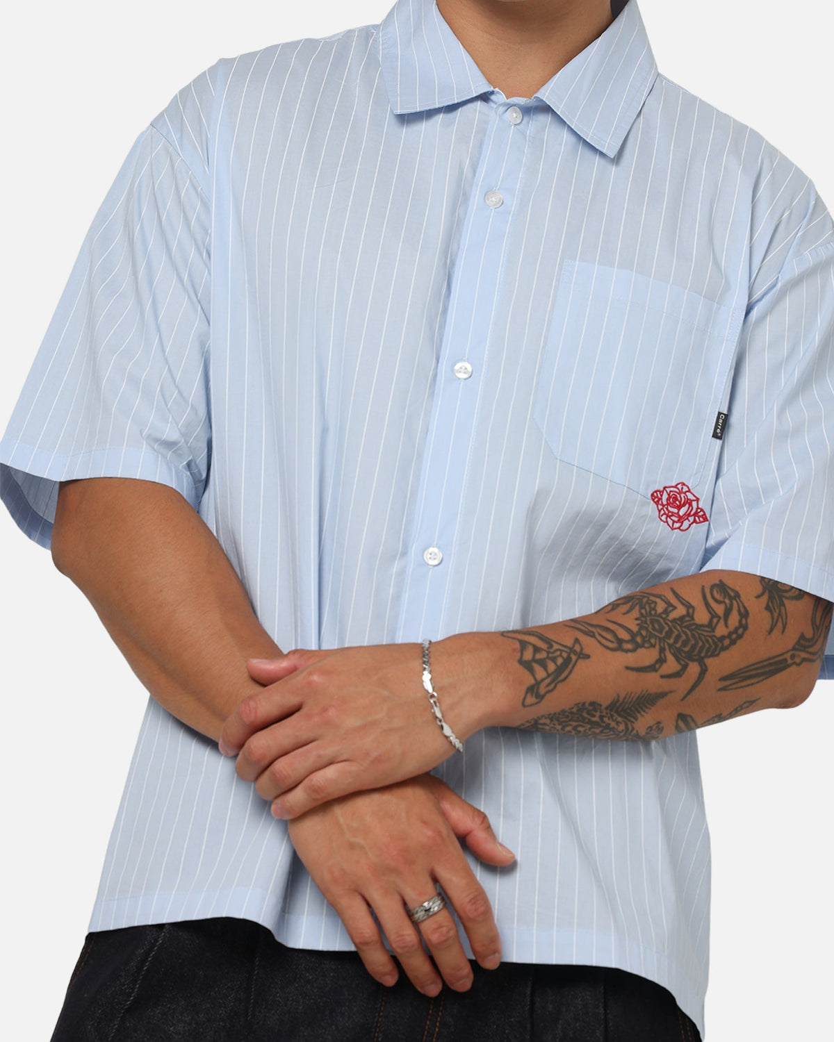 Carre Signature Rose Button Up Shirt Blue Pinstripe - image 6