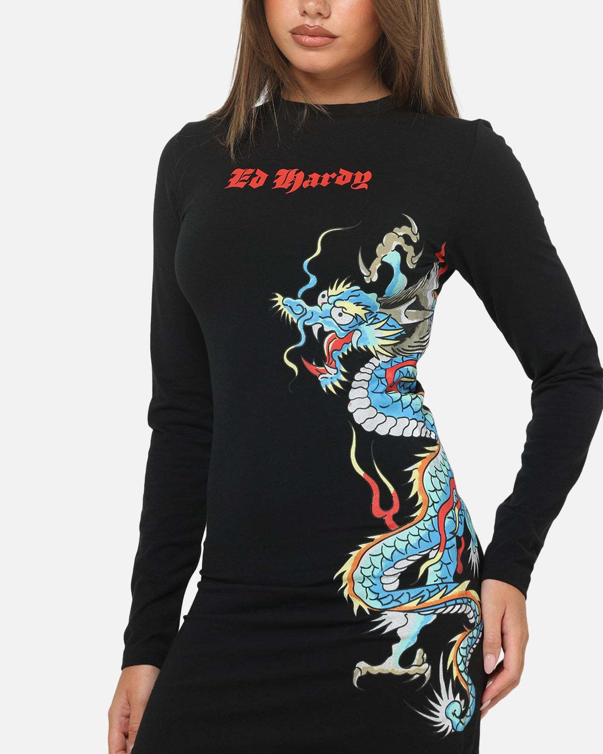 Ed Hardy Women's Dragon Long Sleeve Mini Dress Black
