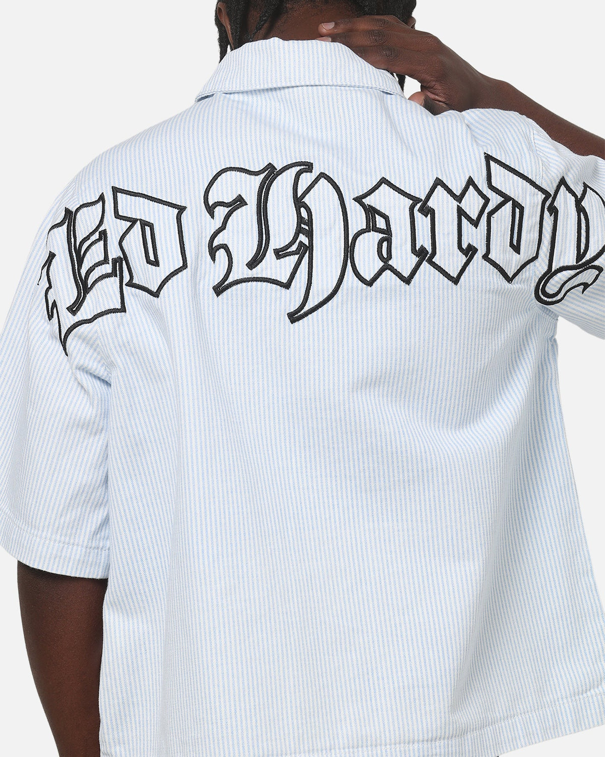 Ed Hardy Ghost Tattoo Button Up Shirt Blue Pinstripe