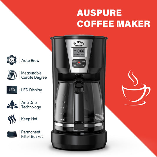 AUSPURE Coffee Maker 1.8L, Programmable Drip Coffee, 12 Cup, Auto Brew