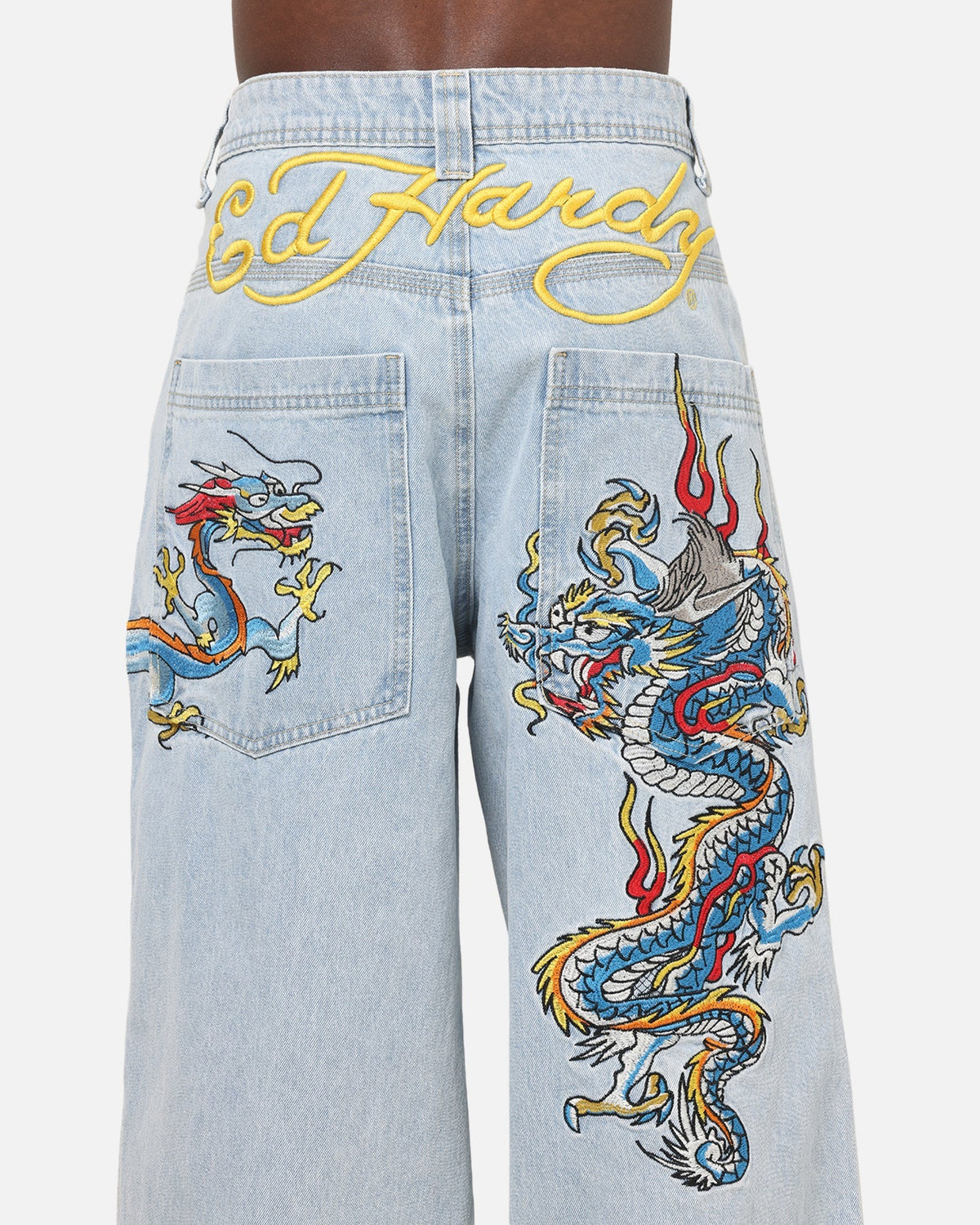 Ed Hardy Dragon Ultra Wide Leg Jeans Light Wash Blue