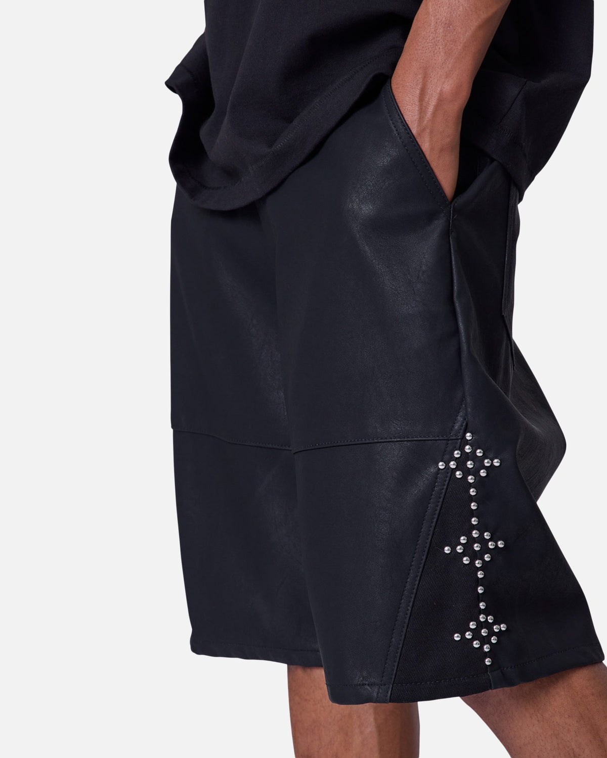 MNML Ultra Baggy Stud Leather Shorts Black - image 6