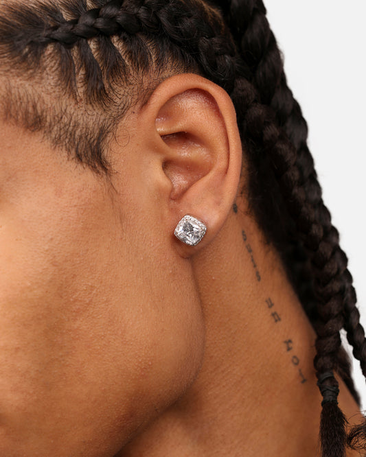 Saint Morta Cushion Cut Halo Earrings Iced White Gold