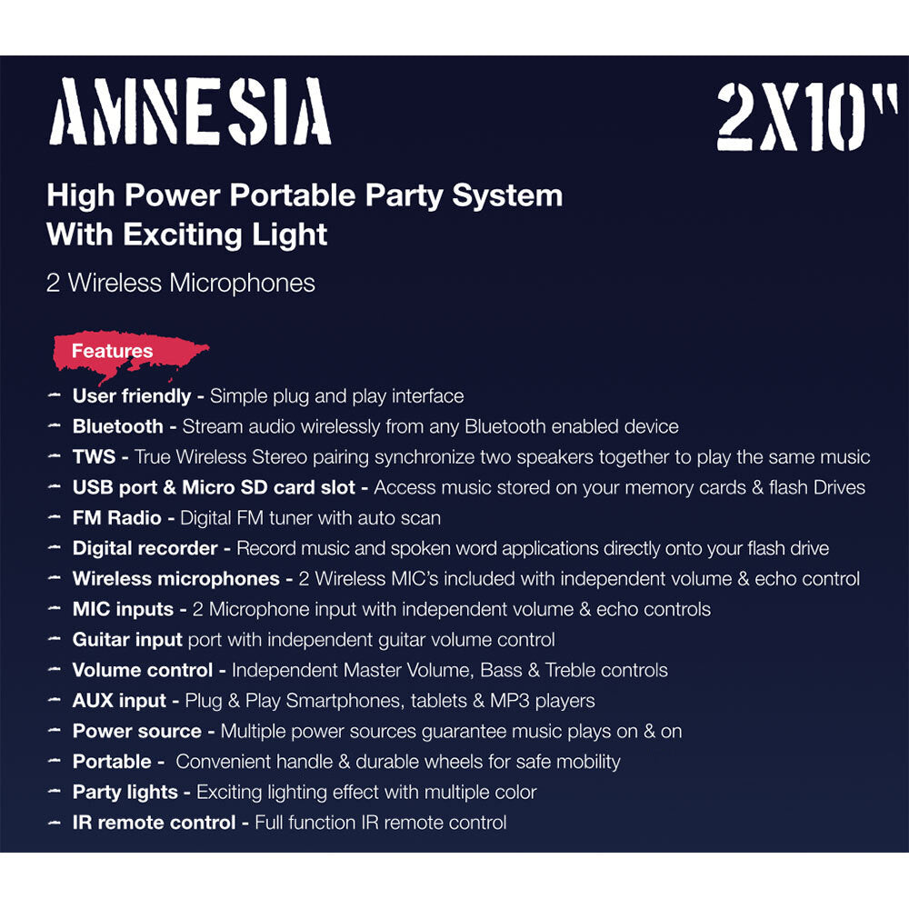 Pure Acoustics Amnesia 1200W TWS Bluetooth Speaker with 2 x Wireless Mics