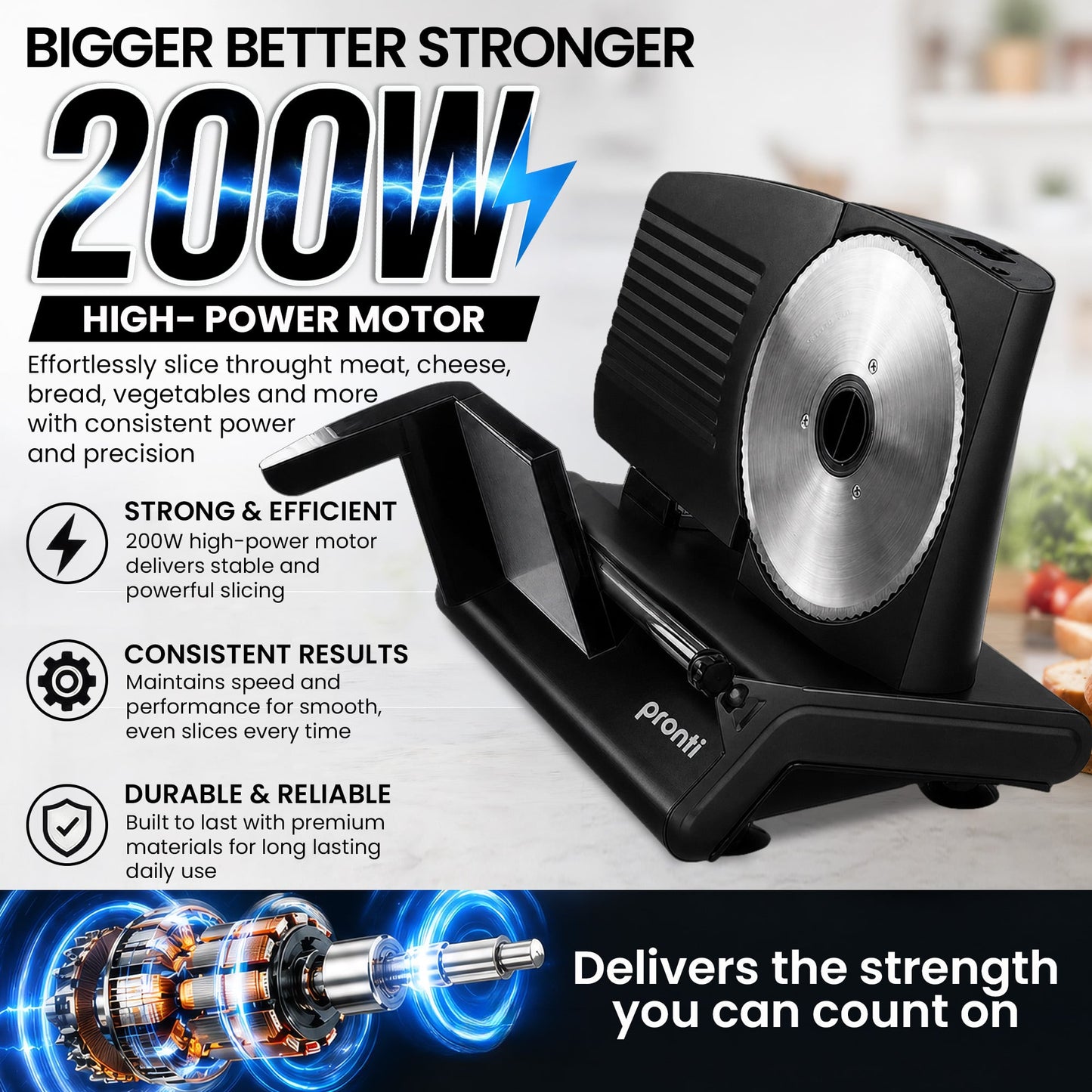 Pronti Electric Deli and Food Slicer 200W with 2 Blades - Black