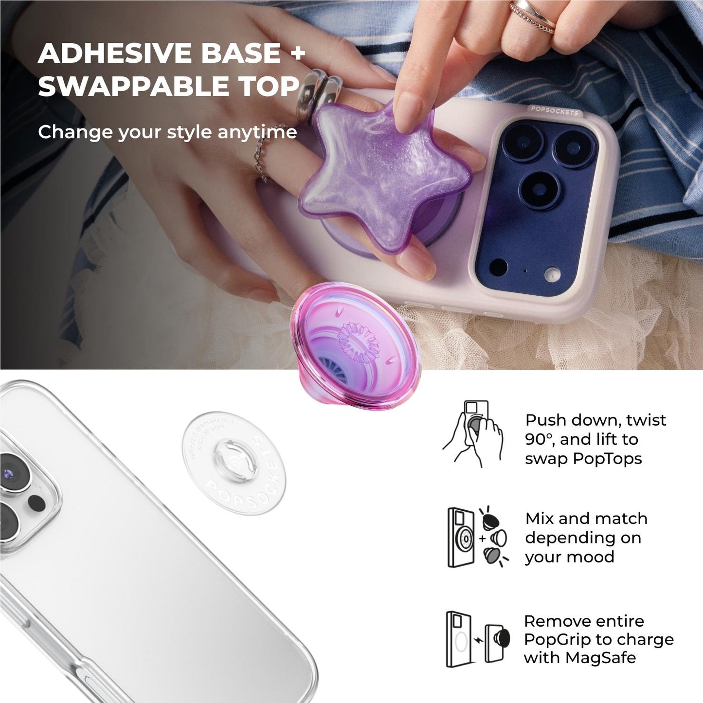 PopSockets PopTop Phone Grip/Holder (Iridescent Pink)