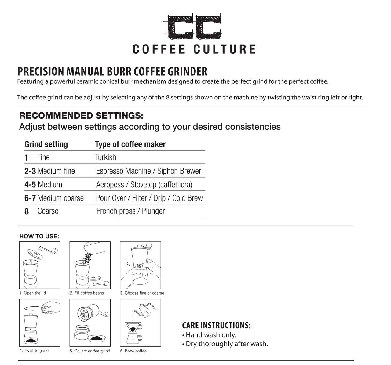 Coffee Culture Premium Stainless Steel Hand Burr Manual Coffee Grinder (Silver)