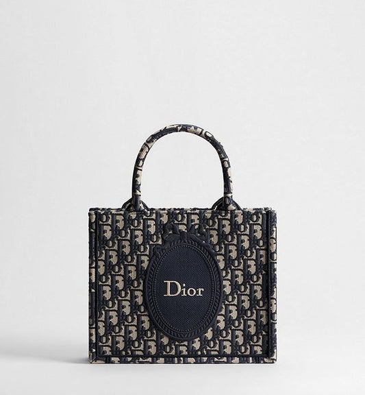 Small Dior Book Tote with Strap Blue Dior Oblique Jacquard and Embroidered Dior Médaillon