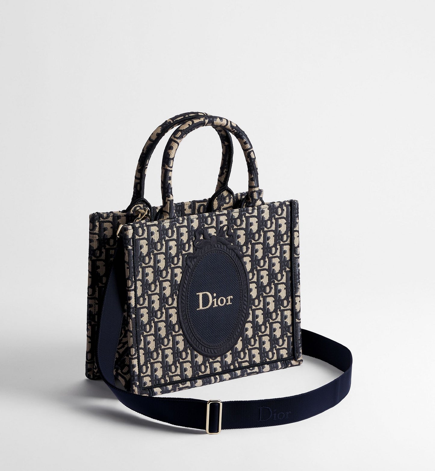 Small Dior Book Tote with Strap Blue Dior Oblique Jacquard and Embroidered Dior Médaillon