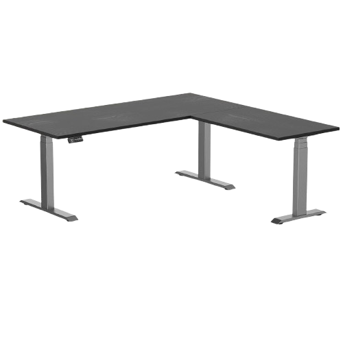 Desky Hardwood L-Shape Sit Stand Desk 180 x 175 cm Black Ash / Space Grey Top and Space Grey Leg