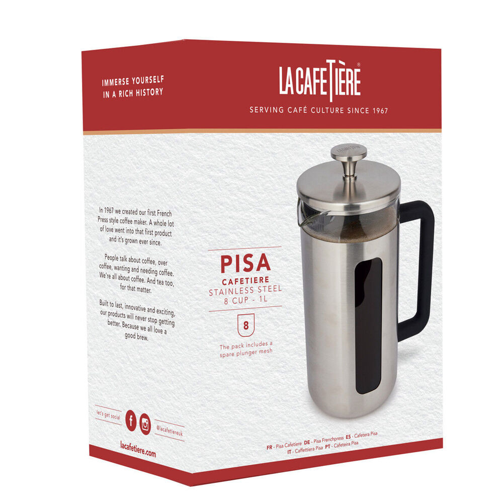 La Cafetiere Pisa 8-Cup 1L Brushed Stainless Steel/Glass French Press (Silver)