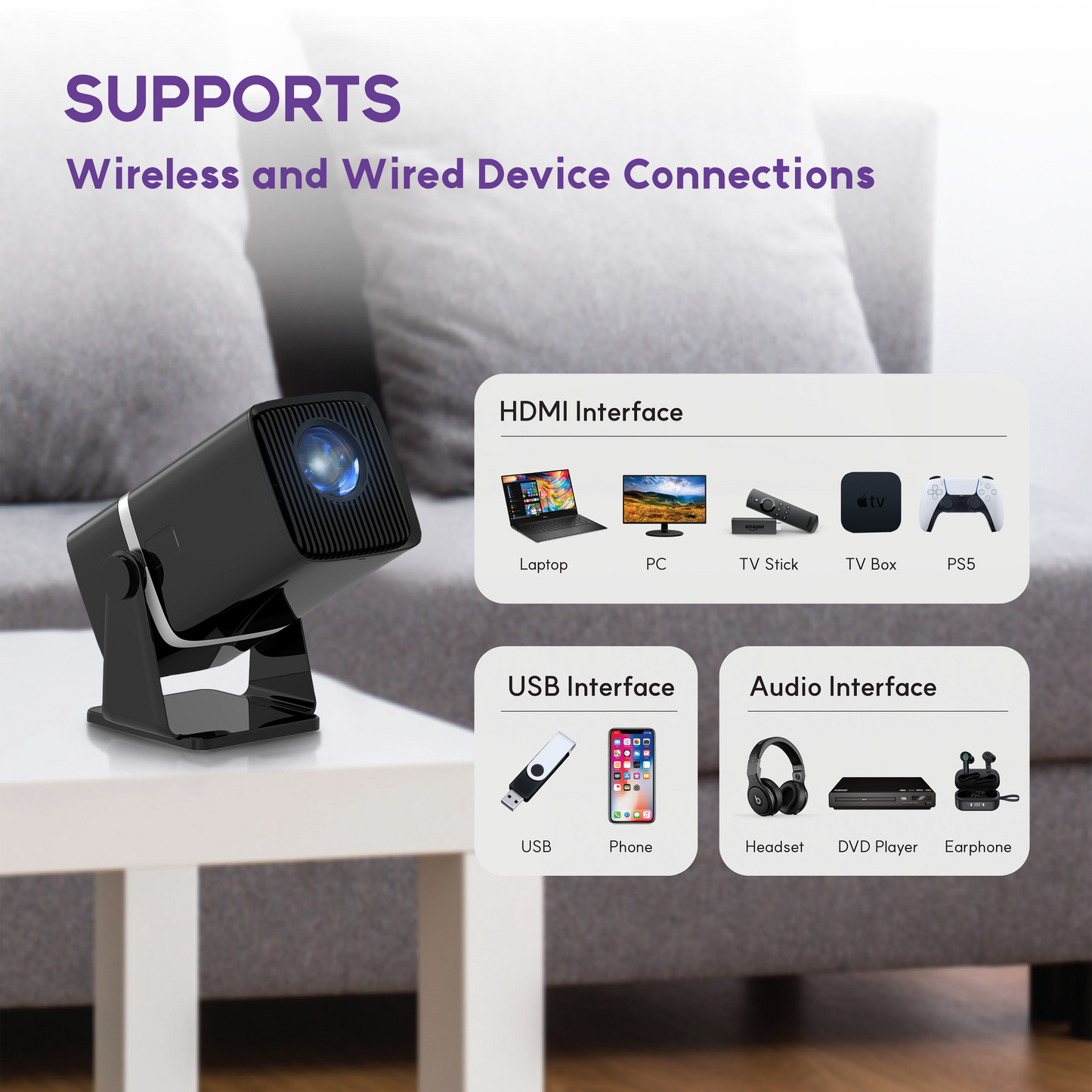 ALLIUMS Mini Projector with 5G WiFi, 1080P Supported (Black)