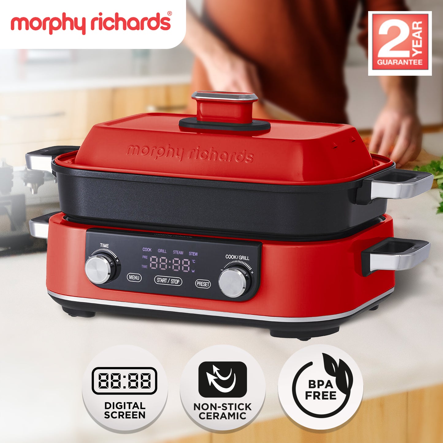 Morphy Richards 3L Non-Stick Multifunction Electric Cooker Pan (Red)