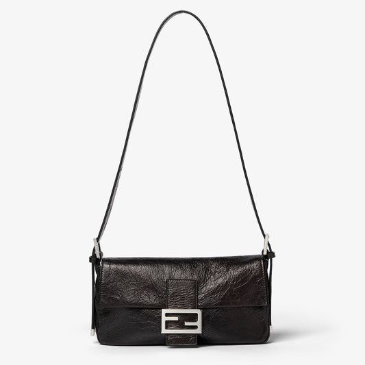 Fendi Baguette Soft Medium Crackled Black Leather Bag - front view