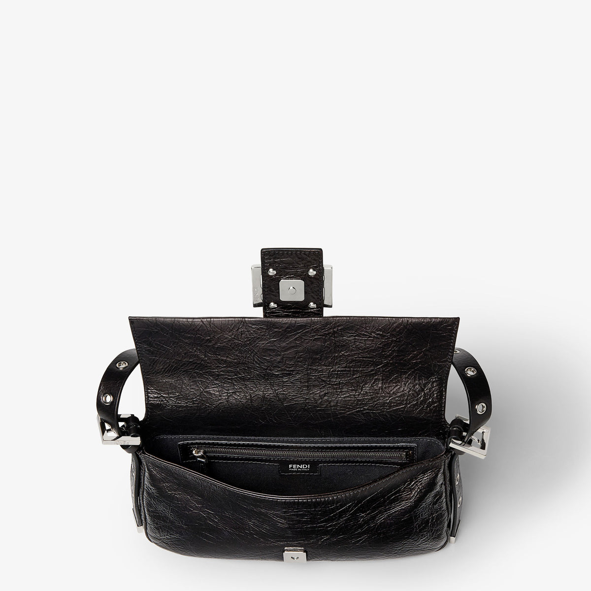 Fendi Baguette Soft Medium Crackled Black Leather Bag - interior view