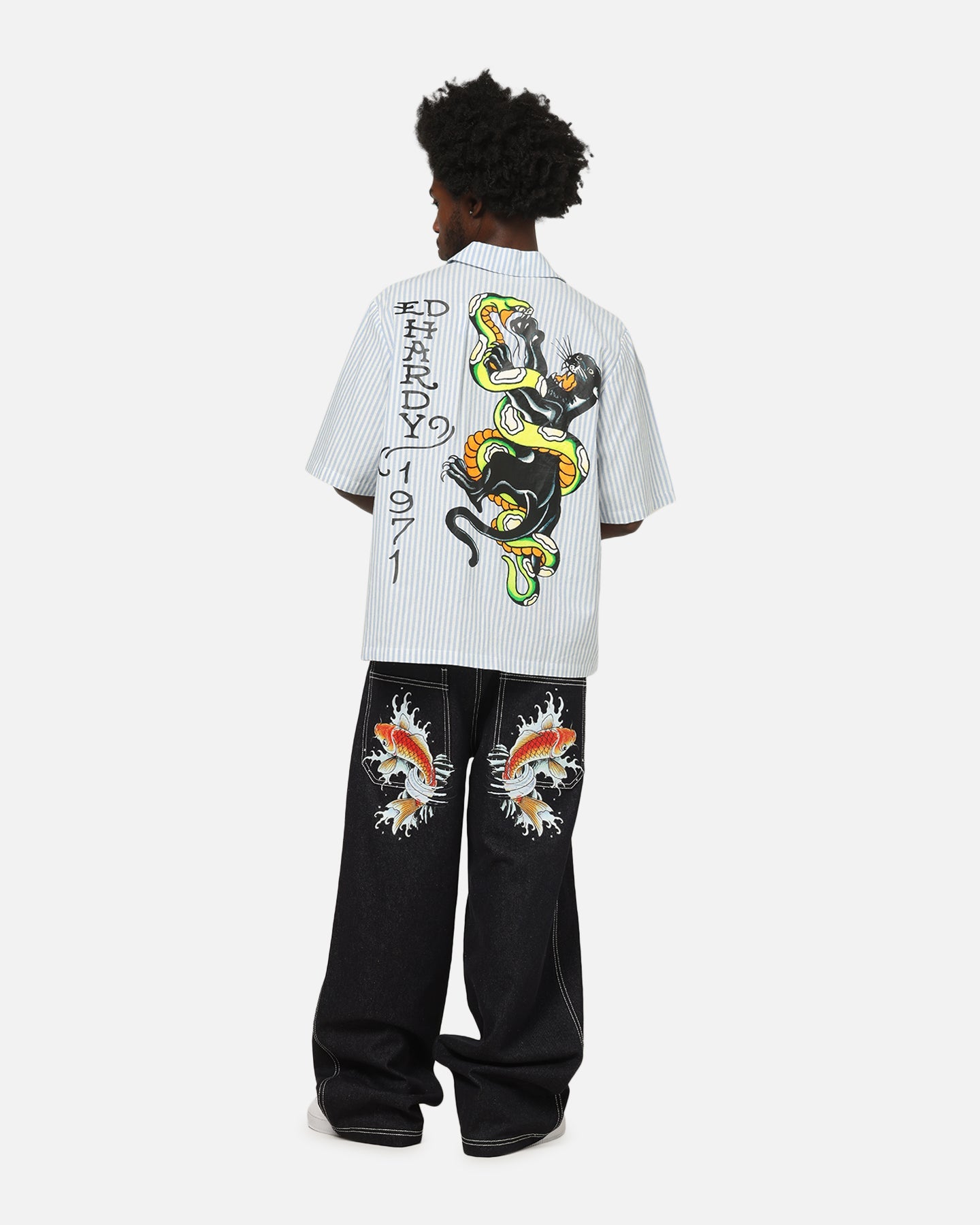 Ed Hardy Panther Button-Up Shirt Blue Pin Stripe