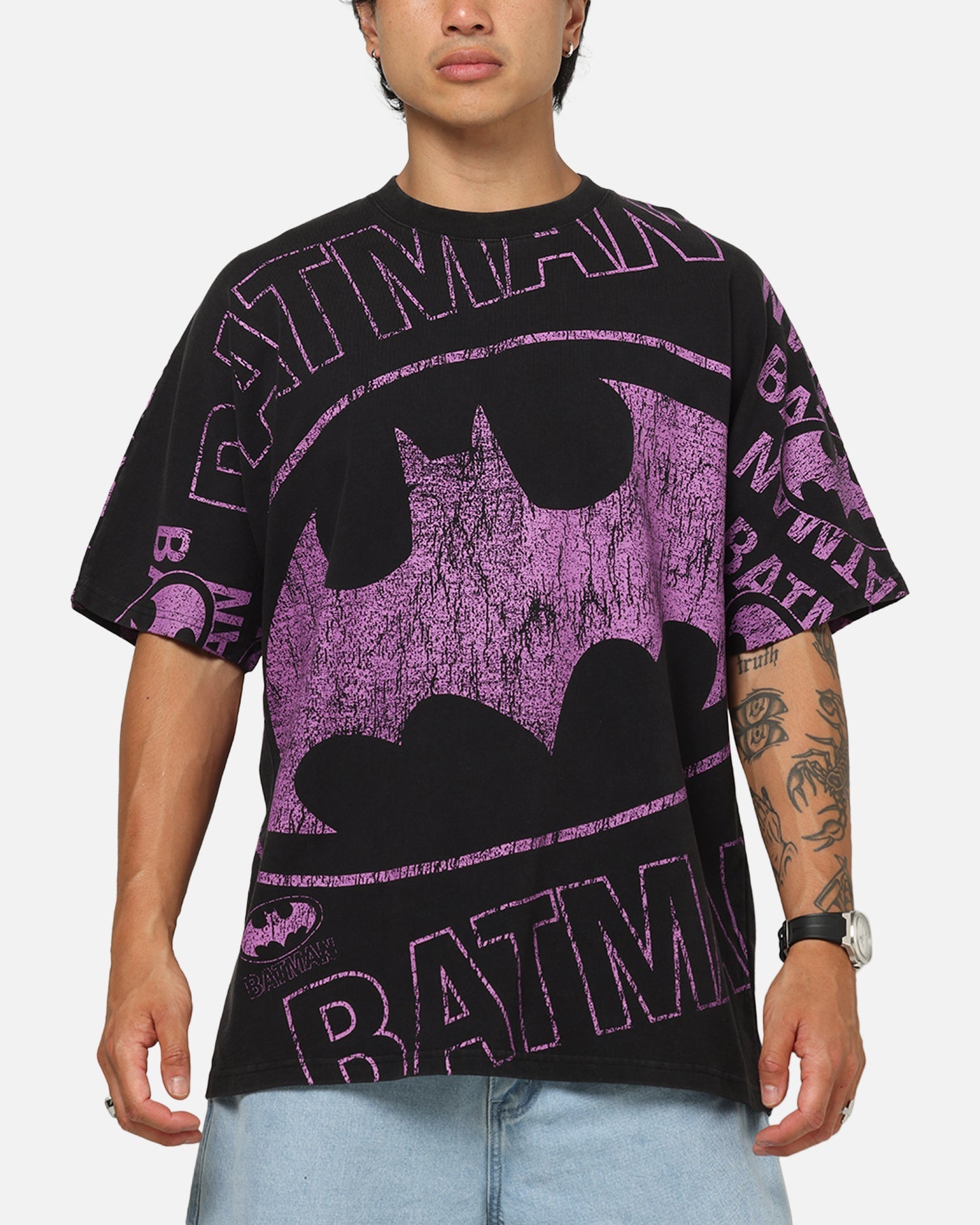 73Studio X DC Batman Logo All Over Print T-Shirt Black Wash