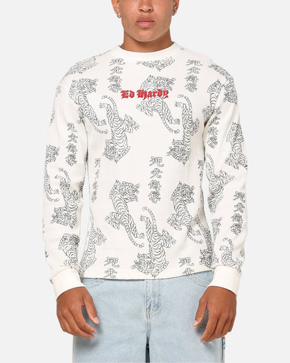 Ed Hardy Tiger Waffle Long Sleeve T-Shirt Off White
