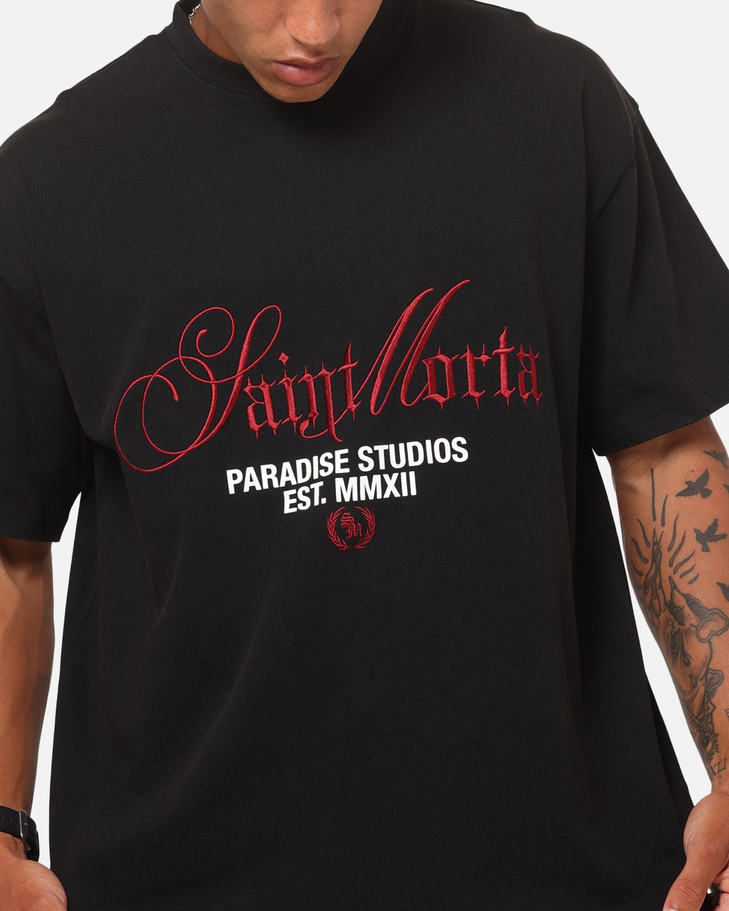 Saint Morta Regal Scripture Boxy T-Shirt Black Acidwash