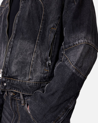 MNML Panelled Moto Denim Jacket Washed Black