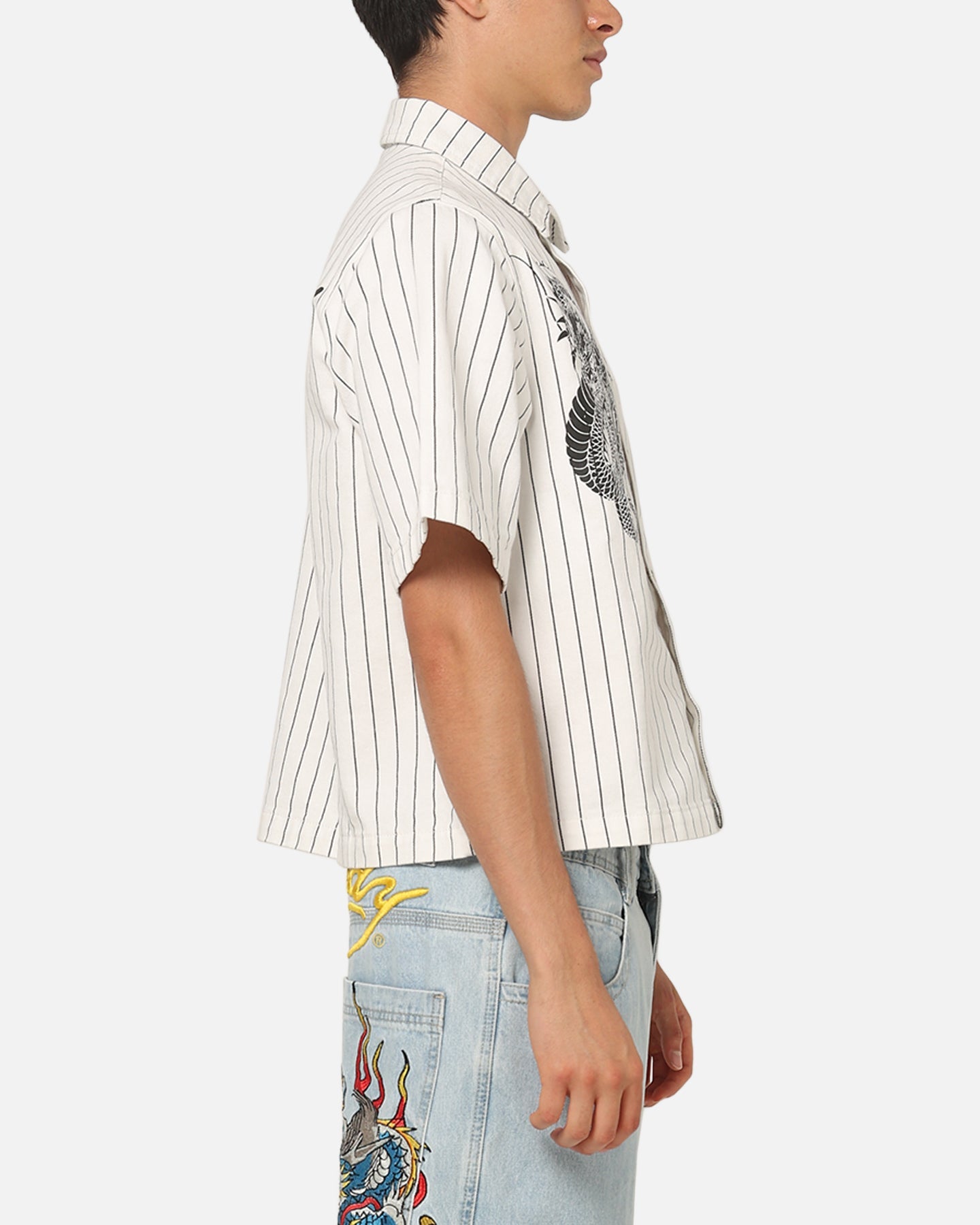 Ed Hardy Euro Short Sleeve Button Up Shirt White Pinstripe