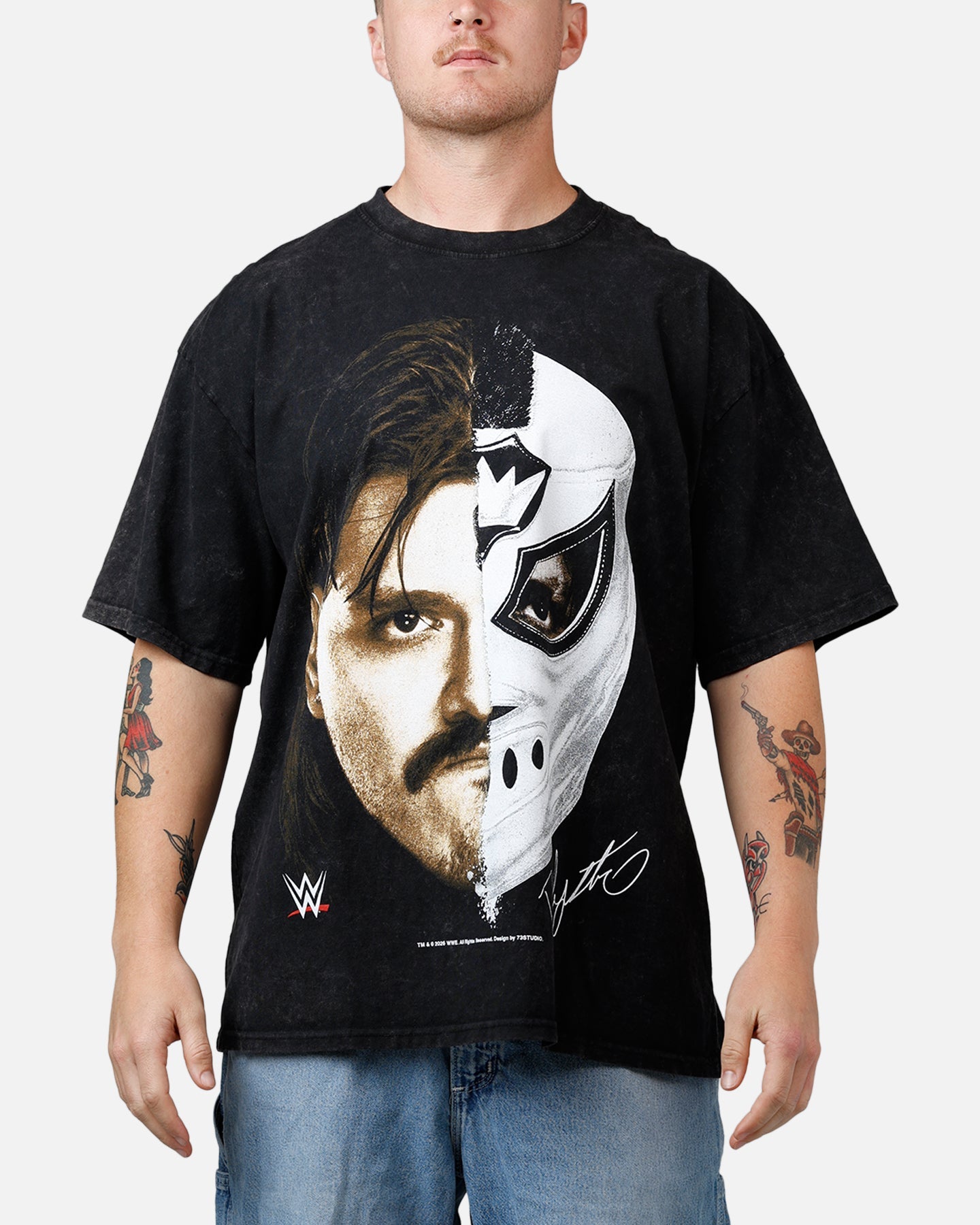 73Studio X WWE Dominik Mysterio Independence T-Shirt Black Acidwash