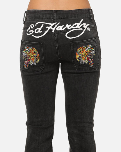 Ed Hardy Women's Tiger Bootcut Jeans Washed Black
