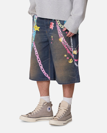 MNML Ultrabaggy Chain Printed Denim Shorts Blue