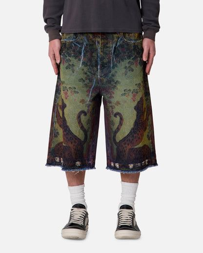 MNML Ultra Baggy Leopard Denim Shorts Multi