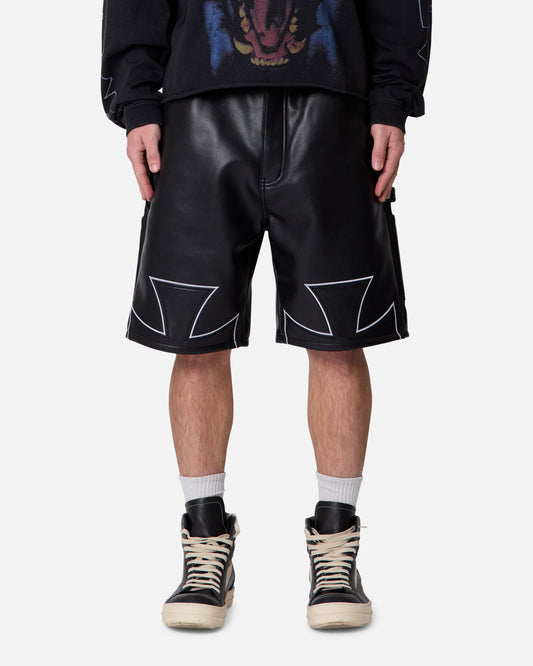 MNML Ultra Baggy Iron Cross Leather Shorts Black