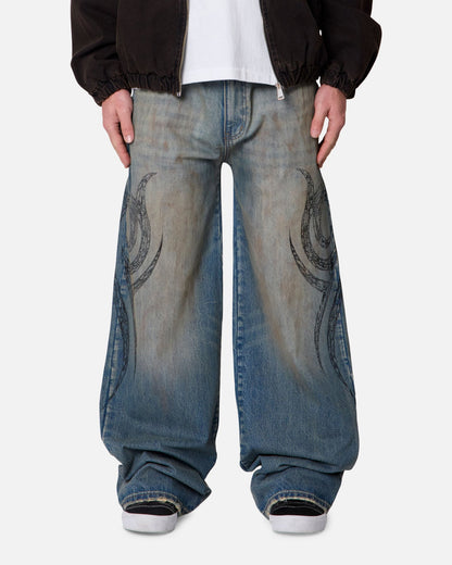 MNML Ultra Wide Tribal Denim Jeans Medium Blue