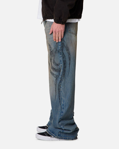 MNML Ultra Wide Tribal Denim Jeans Medium Blue