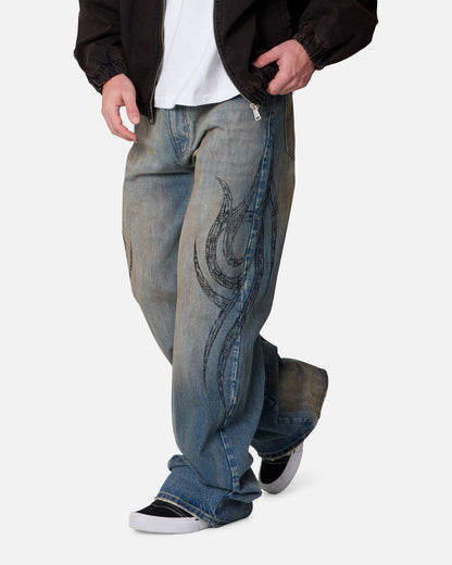 MNML Ultra Wide Tribal Denim Jeans Medium Blue