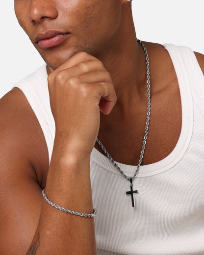 Saint Morta Cross Pendant Rope Chain & Bracelet Bundle White Gold
