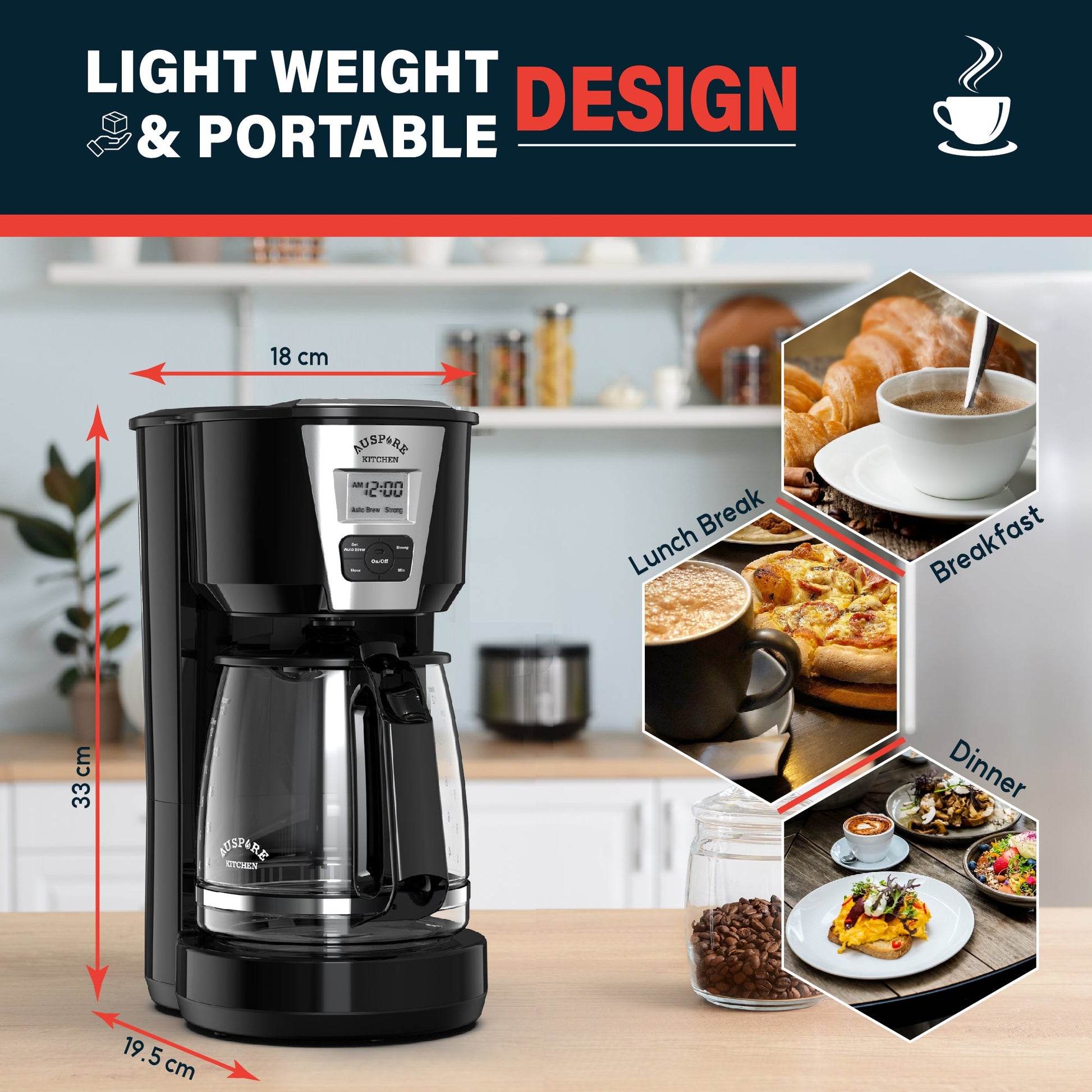 AUSPURE Coffee Maker 1.8L, Programmable Drip Coffee, 12 Cup, Auto Brew
