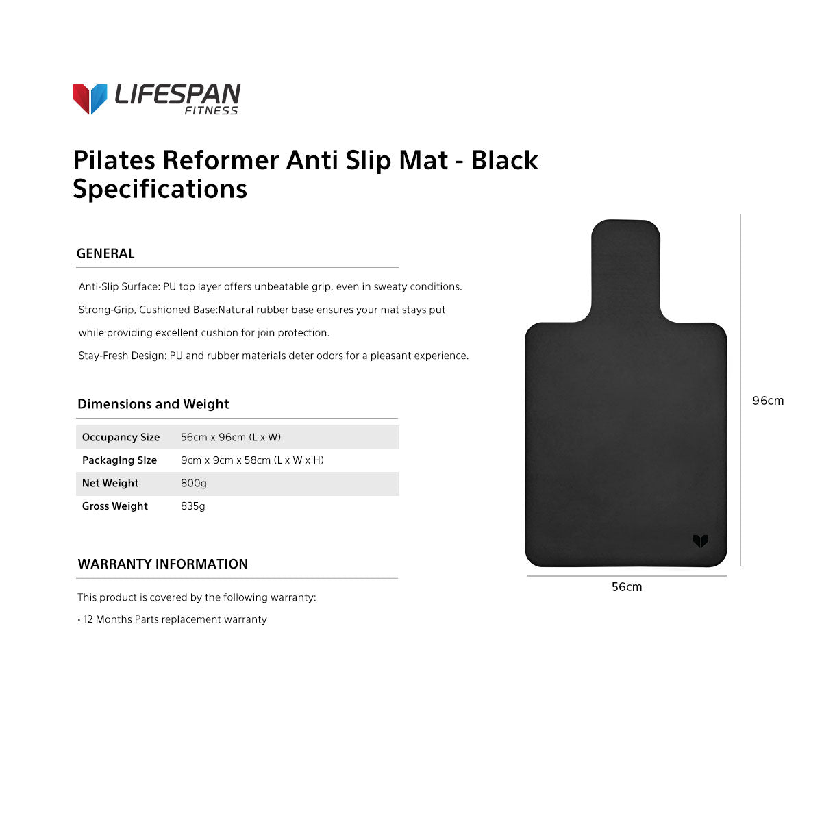 Lifespan Fitness Pilates Reformer Anti Slip Mat - Black