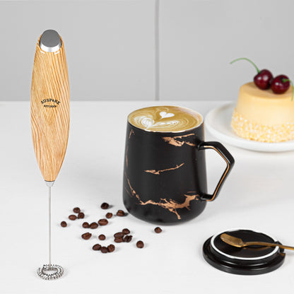 AUSPURE Milk Frother Handheld, Electric Whisk (Brown Wood)