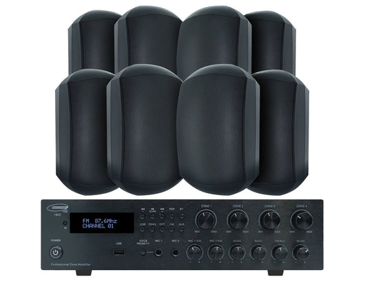 Weconic Outdoor Speaker Package with 320W Bluetooth Amplifier Black 184C+4xWTP660BLK