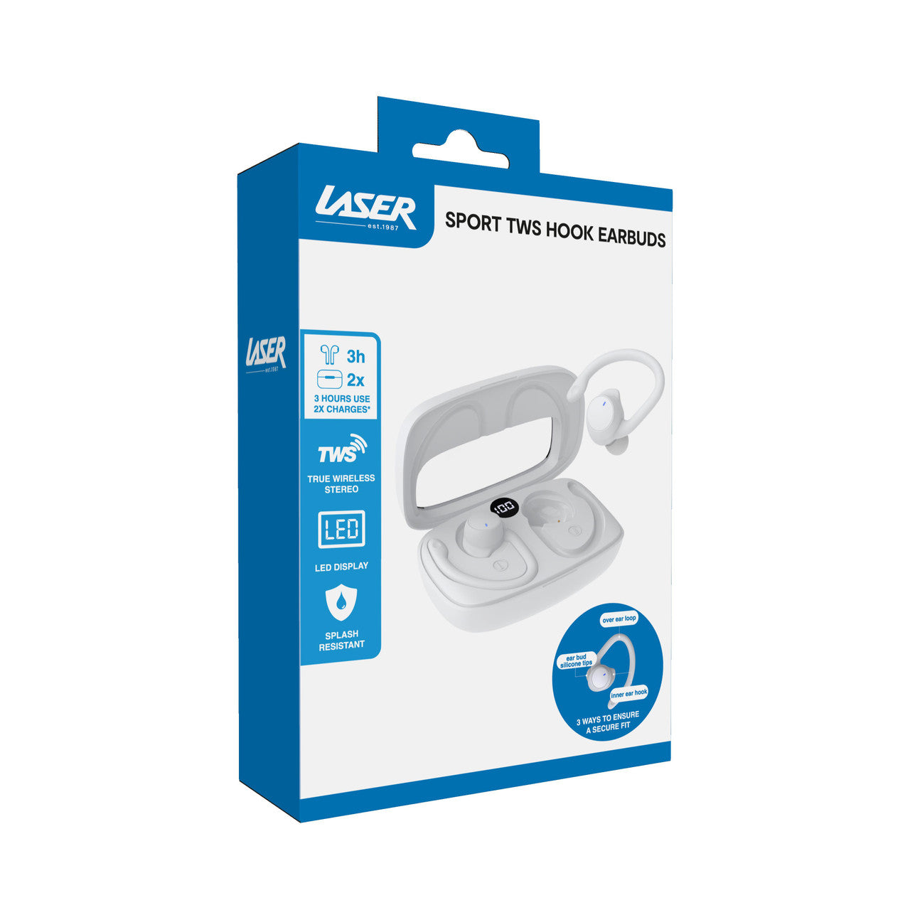 Laser Sport TWS Hook Earbuds with LED Display (White)