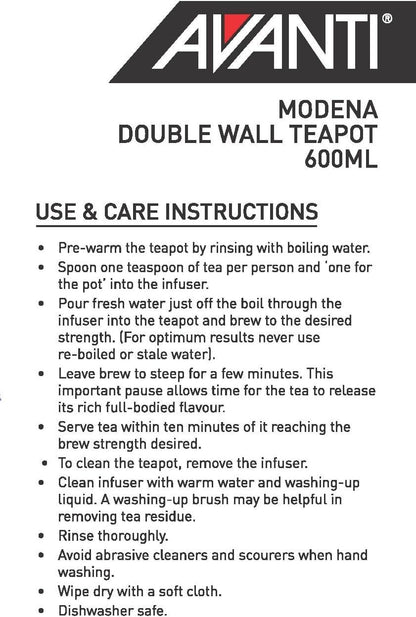 Avanti Modena Double Wall Stainless Steel Teapot 600Ml - Silver | Double Wall | Stainless Steel