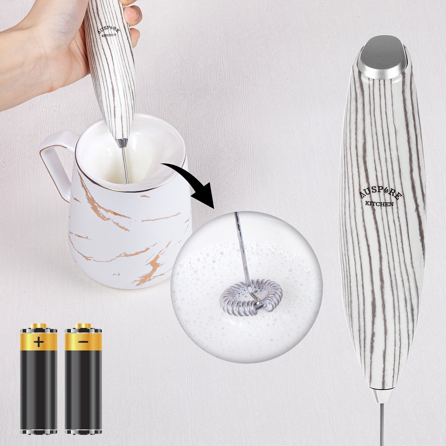 AUSPURE Milk Frother Handheld, Electric Whisk (White Wood)