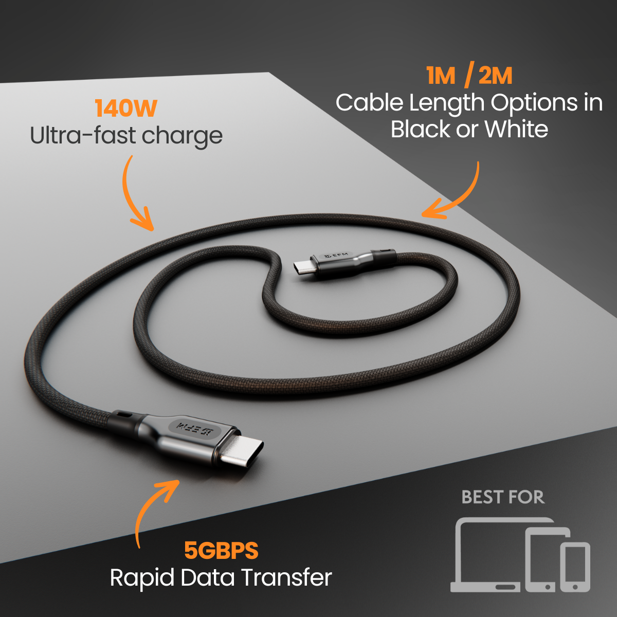 EFM 140W Pro Power and Data USB-C Cable - With 2M Braided Cable - Black