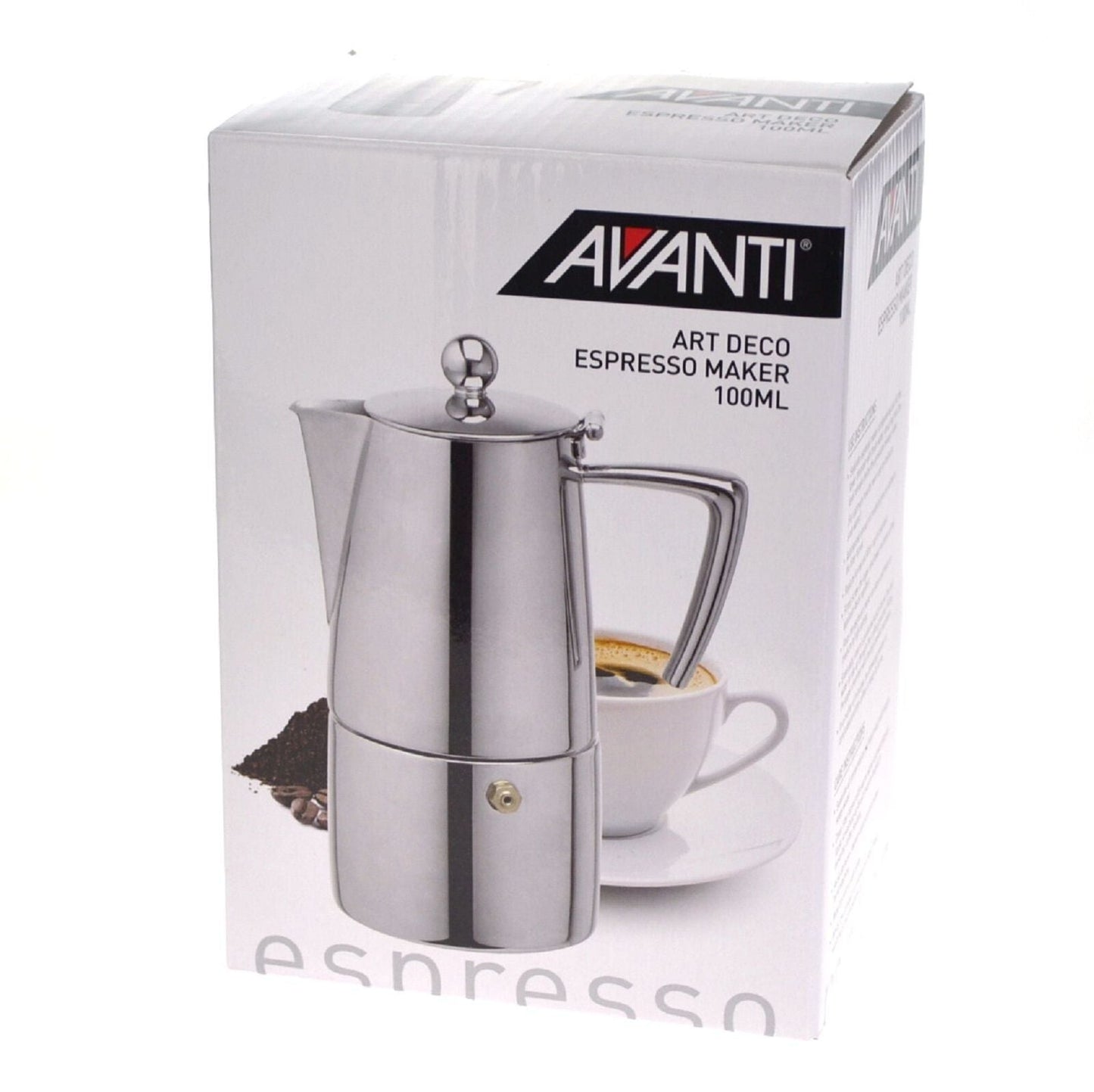 Avanti 2 Cup Art Deco Espresso Coffee Maker Percolator - Silver | Stovetop Percolator | Silicon Gasket, Safety Valve, With Spare Gasket and Manuals
