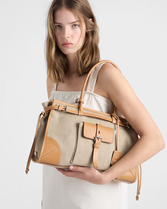 Prada Bonnie linen and leather tote bag