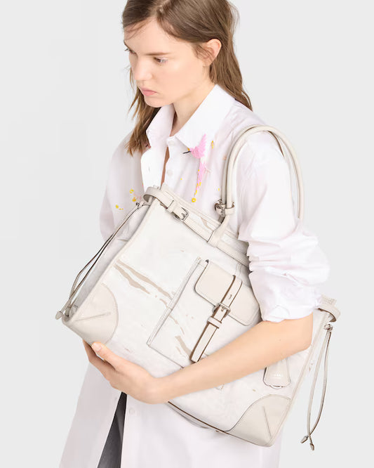 Prada Bonnie extra-large printed linen and leather tote bag