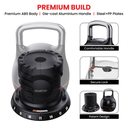 Powertrain 2x 40kg Adjustable Kettlebell One Hand Adjustment Weight Set
