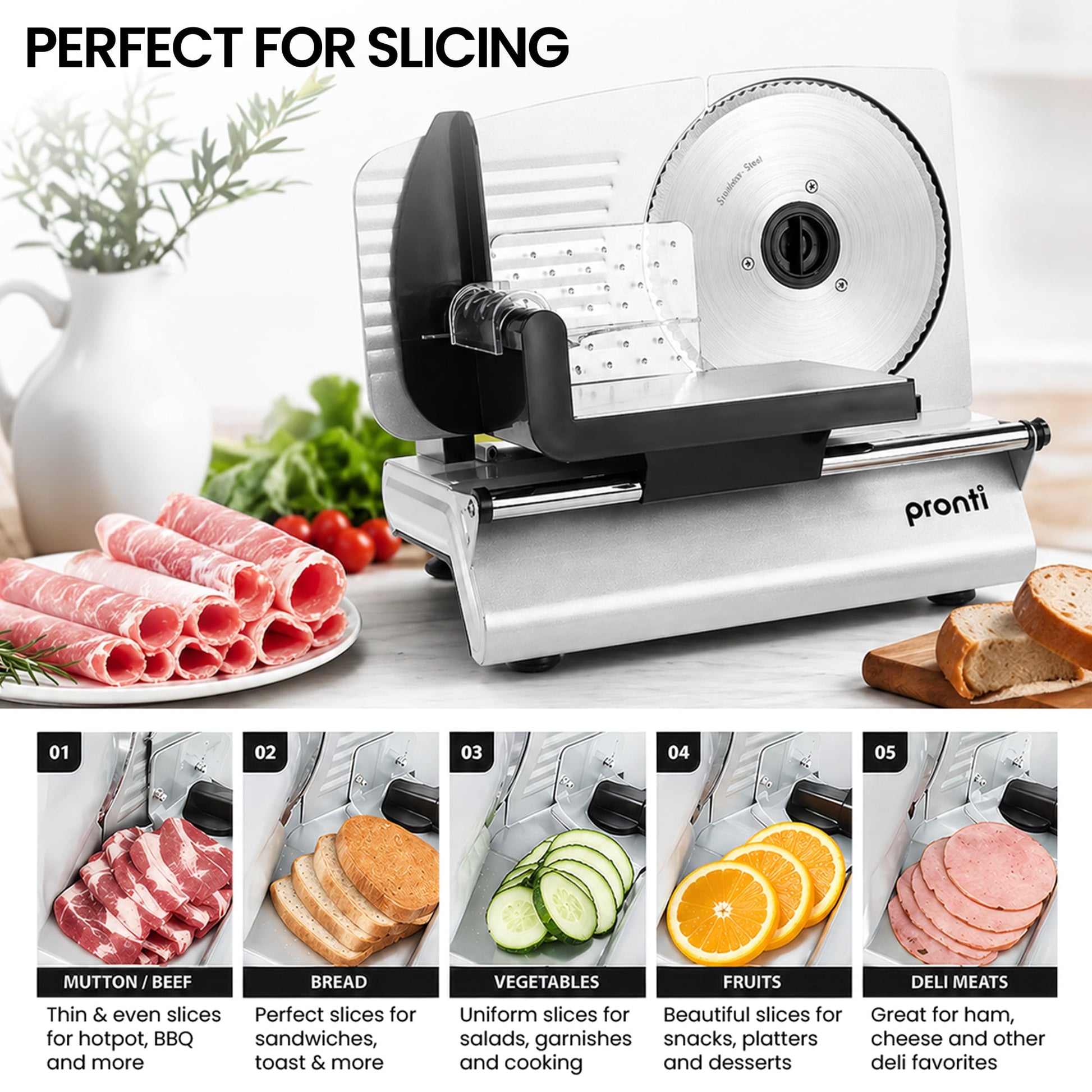 Pronti Electric Deli and Food Slicer 200W with 2 Blades - White